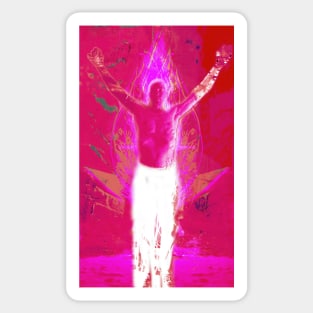 Portrait, digital collage and special processing. Shirtless man, stands. All chakras opened. Mystic. Bright, strong pink. Sticker